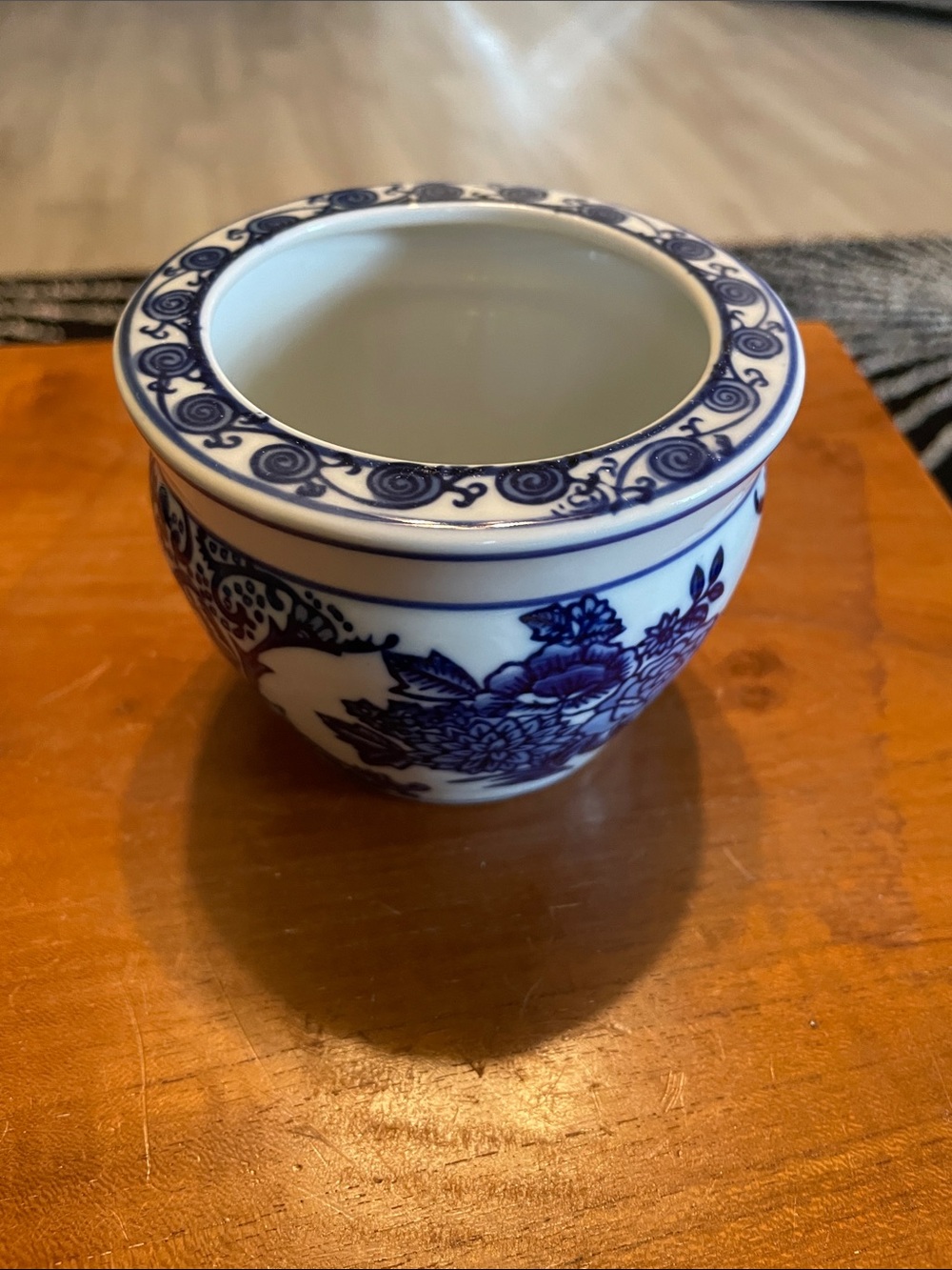 Blue and White Porcelain Fishbowl Planter with Floral Motif